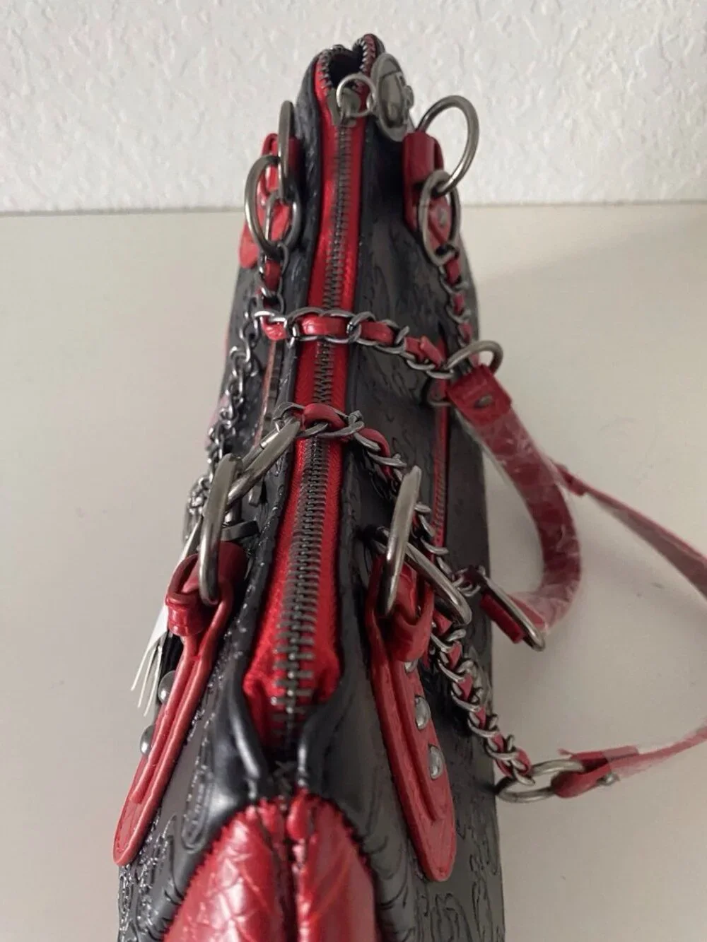 Ed Hardy Black Red Tote Satchel Chain Charm Studded Croc Embossed‎ Skulls NEW